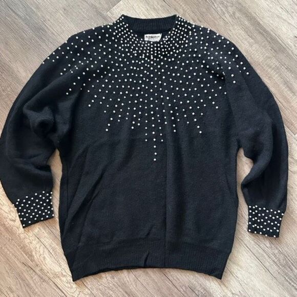 Vintage Premiere Women Lambswool Angora Faux Pearl Knit Sweater Black Large - Picture 1 of 9
